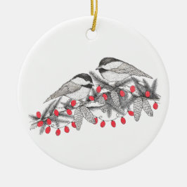 Ornamento De Cerâmica Caneta de Maine Chickadee e Feriado de Natal com T