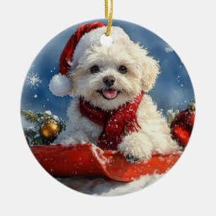 Ornamento De Cerâmica Cão Bichon Frise em Trenó Deixe Nevar Natal 