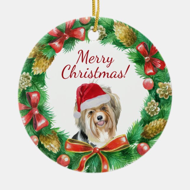Ornamento De Cerâmica Cão Biewer Terrier Feliz Natal (Frente)