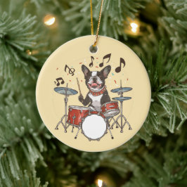 Ornamento De Cerâmica Cão Boston Terrier Tocando Bateria