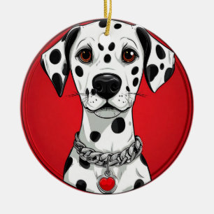 Ornamento De Cerâmica Cão Dálmata com Colar de Coração Vermelho