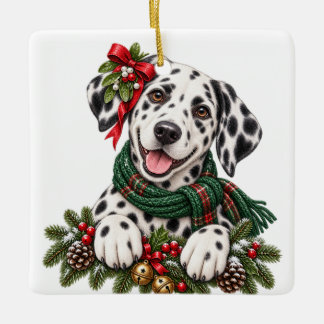 ORNAMENTO DE CERÂMICA CÃO DALMATA DE NATAL FOFO ADORÁVEL