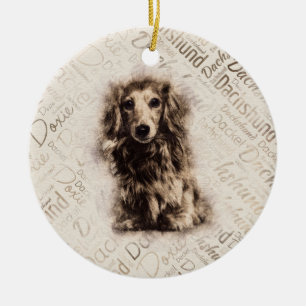 Ornamento De Cerâmica Cão de Dachshund de cabelos longos