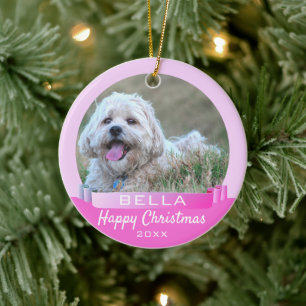 Ornamento De Cerâmica Cão de Fita Rosa Moderno ou Natal Pet Photo