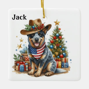 Ornamento De Cerâmica Cão de Gado Australiano Personalizado Com Bandeira