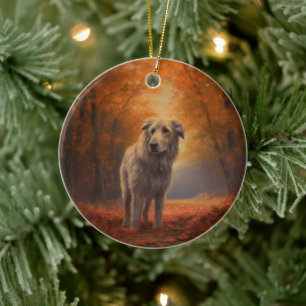 Ornamento De Cerâmica Cão de Lobo na Queda de Folhas de Outono Inspira