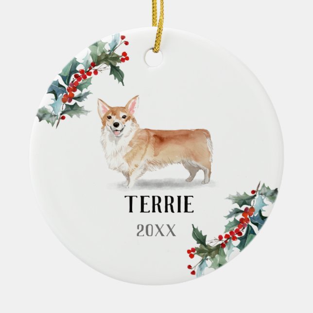Ornamento De Cerâmica Cão de Natal Personalizado Corgi (Frente)
