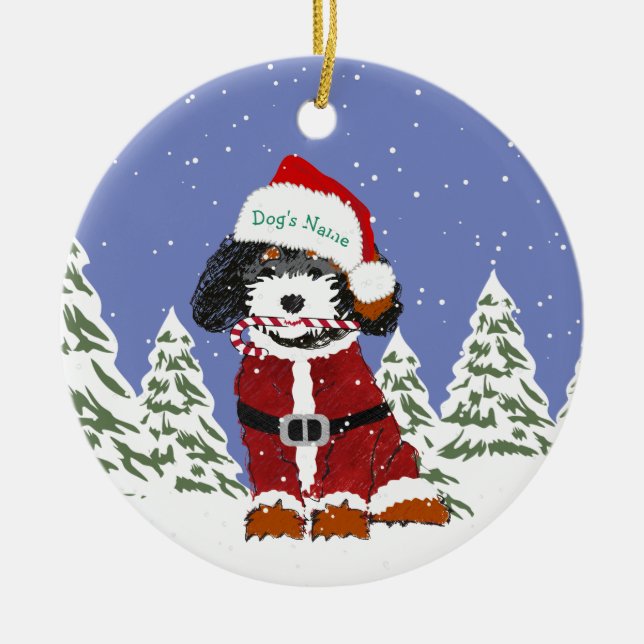 Ornamento De Cerâmica Cão de Papais noeis de Bernedoodle Personalizado (Frente)