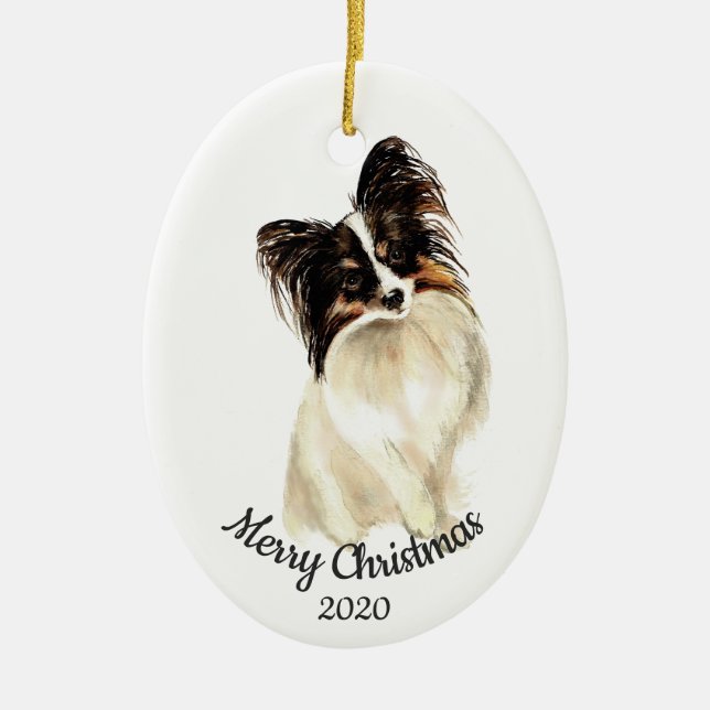 Ornamento De Cerâmica Cão de Papillon Personalizado de Natal Datado (Frente)