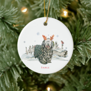 Ornamento De Cerâmica Cão de Pastor Bergamasco Aquarela Monograma