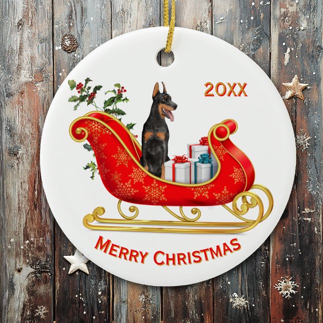 Ornamento De Cerâmica Cão de Pinscher do Doberman Sleigh de Natal (Criador carregado)