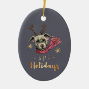 Ornamento De Cerâmica Cão do pitbull do Natal com Antlers