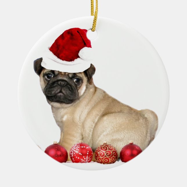 Ornamento De Cerâmica Cão do pug do Natal (Frente)