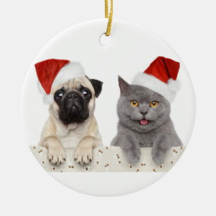 Ornamento De Cerâmica Cão e gato no chapéu vermelho do Natal