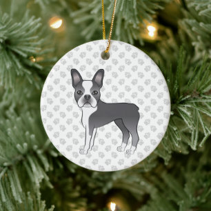 Ornamento De Cerâmica Cão e patas de Cartoon Azul e Branco de Boston