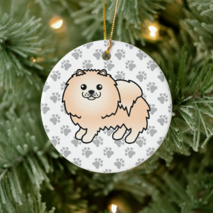 Ornamento De Cerâmica Cão e patas de cartoon canino creme Pomeraniano