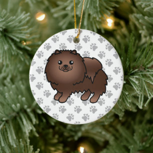 Ornamento De Cerâmica Cão e patas de cartoon marrom-pomeraniana