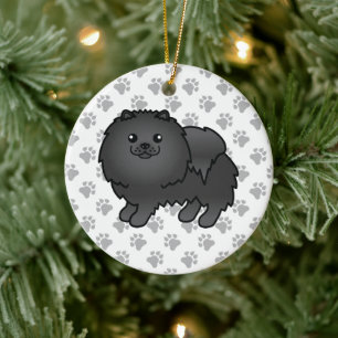 Ornamento De Cerâmica Cão e patas de cartoons brancos da Pomerânia Preta