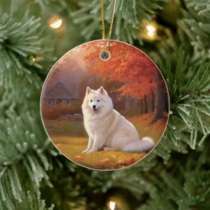 Ornamento De Cerâmica Cão Esquimó Americano Inspirado em Folhas de Outon