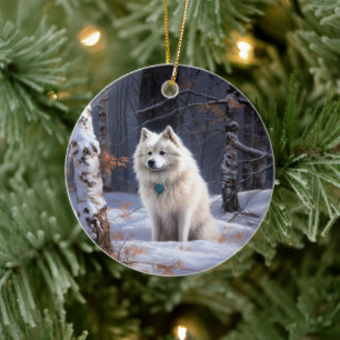 Ornamento De Cerâmica Cão Esquimó Americano Natal Neve Caindo