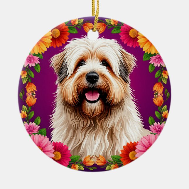 Ornamento De Cerâmica Cão Fluffy Adorável com Flores (Frente)