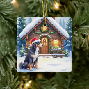 Ornamento De Cerâmica Cão Montanhês Suíço Maior Cabana Nevada Chapéu de