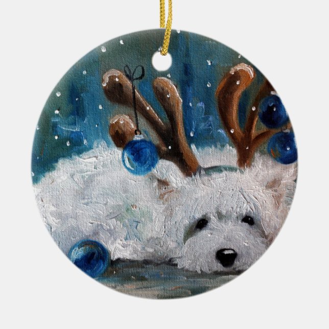 Ornamento De Cerâmica Cão Ocidental Terrier Blue Christmas Westie (Frente)