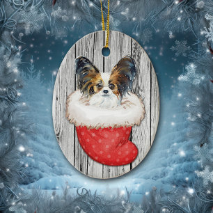 Ornamento De Cerâmica Cão Papillon em Meia de Natal em Madeira