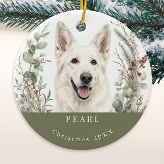 Ornamento De Cerâmica Cão Pastor Alemão Branco Natal Aquarela