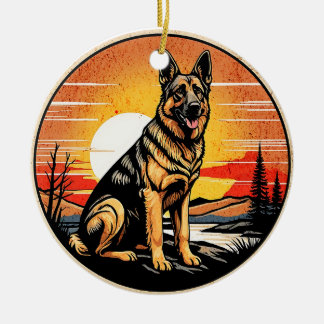 Ornamento De Cerâmica Cão Pastor Alemão Pôr do Sol Retrô Amante de Cães
