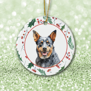 Ornamento De Cerâmica Cão Pastor Australiano Vermelho Berry Holly Border