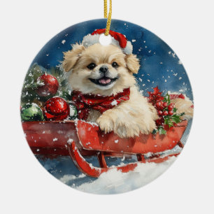 Ornamento De Cerâmica Cão Pequinês no Trenó Deixe Nevar Natal