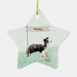 Ornamento De Cerâmica Cão Pet de Collie de Borda de Nome Personalizado