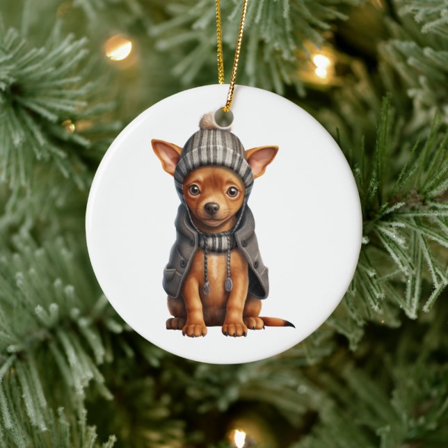 Ornamento De Cerâmica Cão-Pinscher Miniatura Personalizado (Árvore)