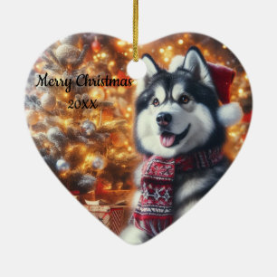 Ornamento De Cerâmica Cão Rouco de Natal Datado