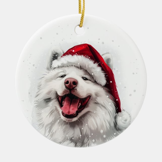 Ornamento De Cerâmica Cão Samoyed Natal Personalizado (Frente)