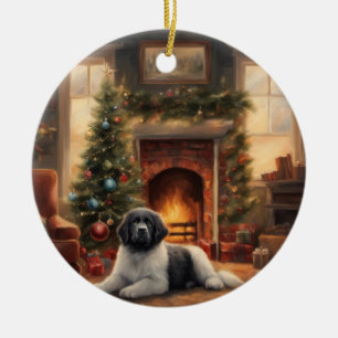 Ornamento De Cerâmica Cão Sentado Em Frente A Uma Árvore De Natal