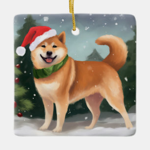 Ornamento De Cerâmica Cão Shiba Inu no Natal da Neve