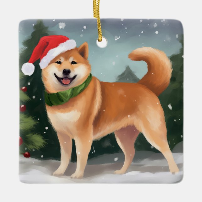 Ornamento De Cerâmica Cão Shiba Inu no Natal da Neve (Frente)