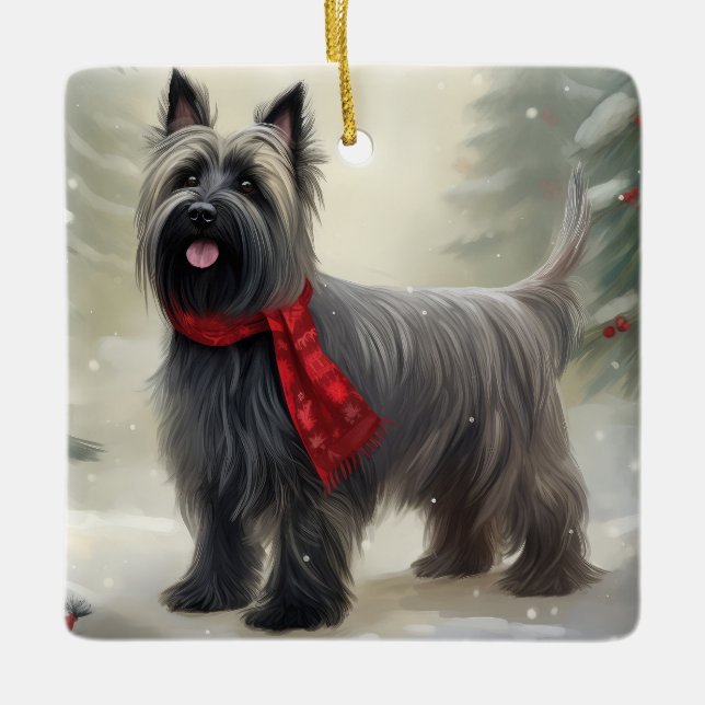 Ornamento De Cerâmica Cão Terrier Skye na Neve Natal  (Frente)