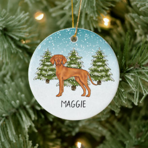 Ornamento De Cerâmica Cão Vizsla Húngaro Floresta de Inverno Nevada E No