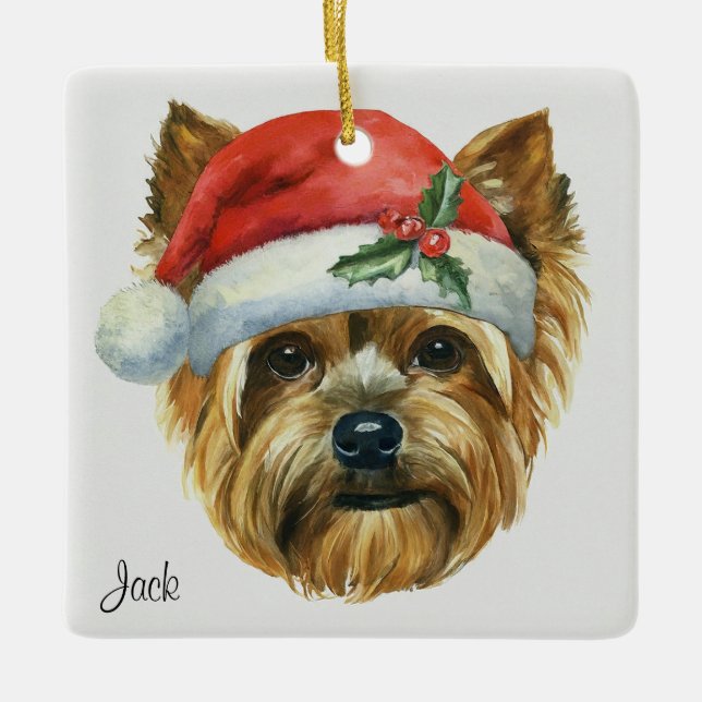 Ornamento De Cerâmica Cão Yorkshire personalizado Vestindo um Chapéu San (Frente)
