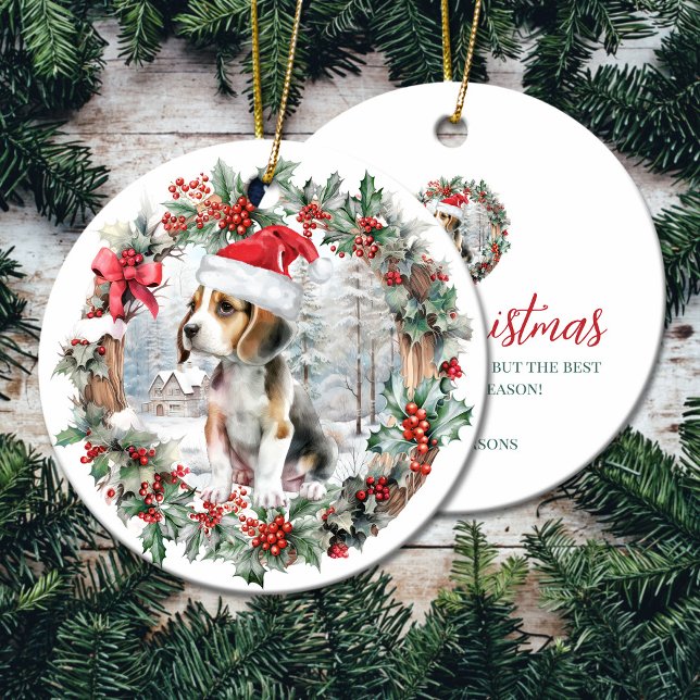 Ornamento De Cerâmica Cãozinho-de-bico-de-Natal bonito (Cute Christmas beagle dog puppy Santa hat Ceramic Ornament)
