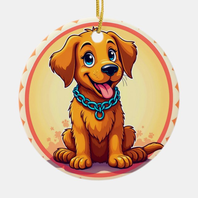 Ornamento De Cerâmica Cãozinho De Cartoon Bonito Com Colar Azul (Frente)