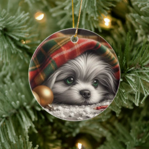 Ornamento De Cerâmica Cãozinho de Natal - Olhos Tristes