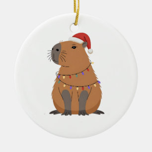 Ornamento De Cerâmica Capivara de Natal com Chapéu de Papai Noel Luzes d