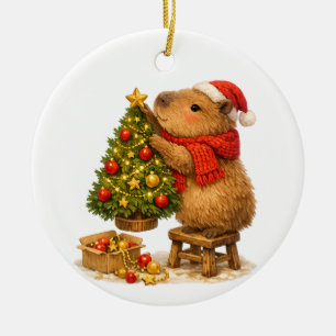 Ornamento De Cerâmica Capivara de Natal Decorando a Árvore