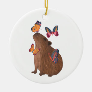 Ornamento De Cerâmica Capivara Engraçada com Borboleta – Adorável Roedor