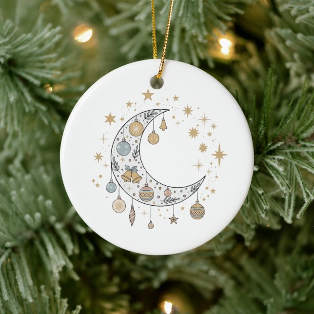 Ornamento De Cerâmica Caprichoso Boho Celestial Natal Lua & Estrelas (Árvore)