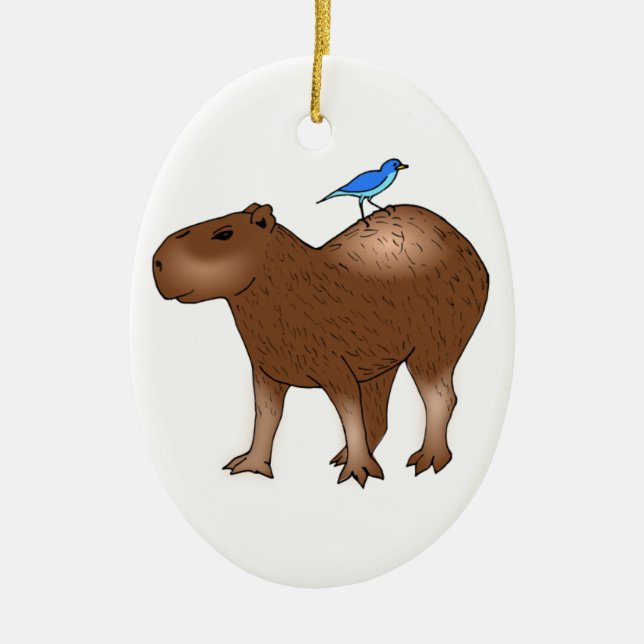 Ornamento De Cerâmica Capybara dos desenhos animados com o pássaro azul (Frente)